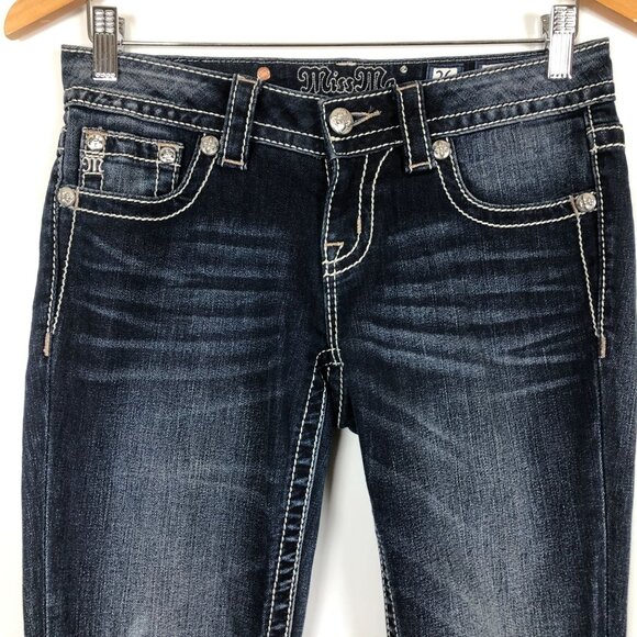 Miss Me Signature Straight Jeans Sz 26 X 33 Blue Denim Low Rise Embellished - Picture 3 of 12